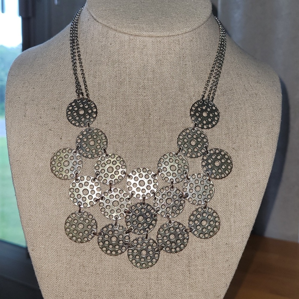 Vintage EXPRESS Silver Tone Perforated Disc Bib Collar Necklace 15" 47g